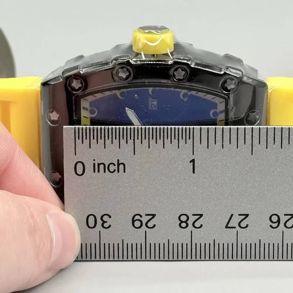 Mens Black Tonneau Watch Yellow Silicone Strap Quartz Sport Fashion Yellow Accen